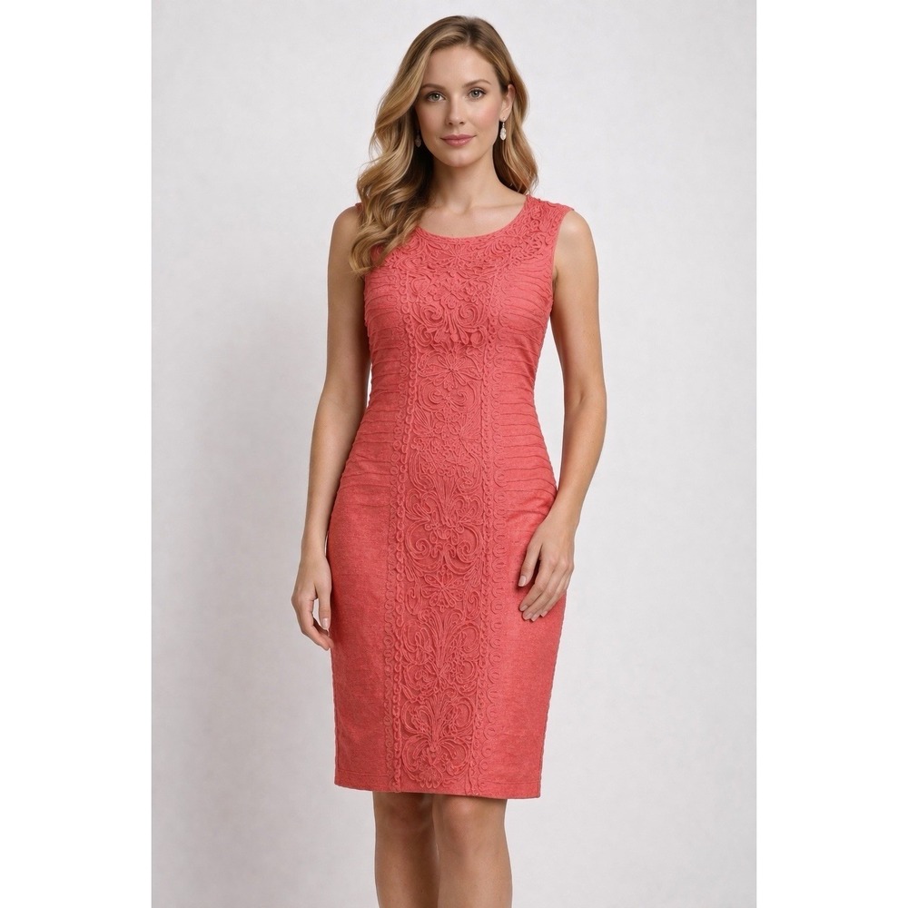 Sue Wong Cocktail Sheath Dress Coral Lace Soutache Sleeveless Wedding Guest